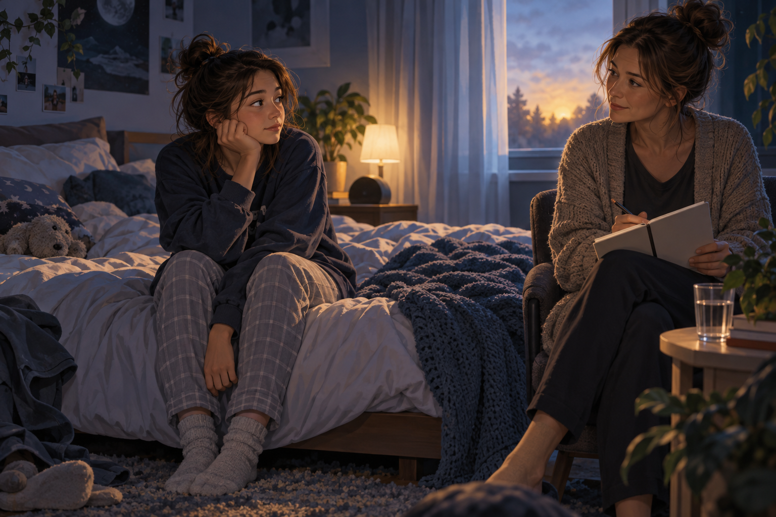 A teenager and parent calmly observe bedtime and morning clues in a bedroom, with rumpled bedding and dawn light suggesting disrupted sleep.