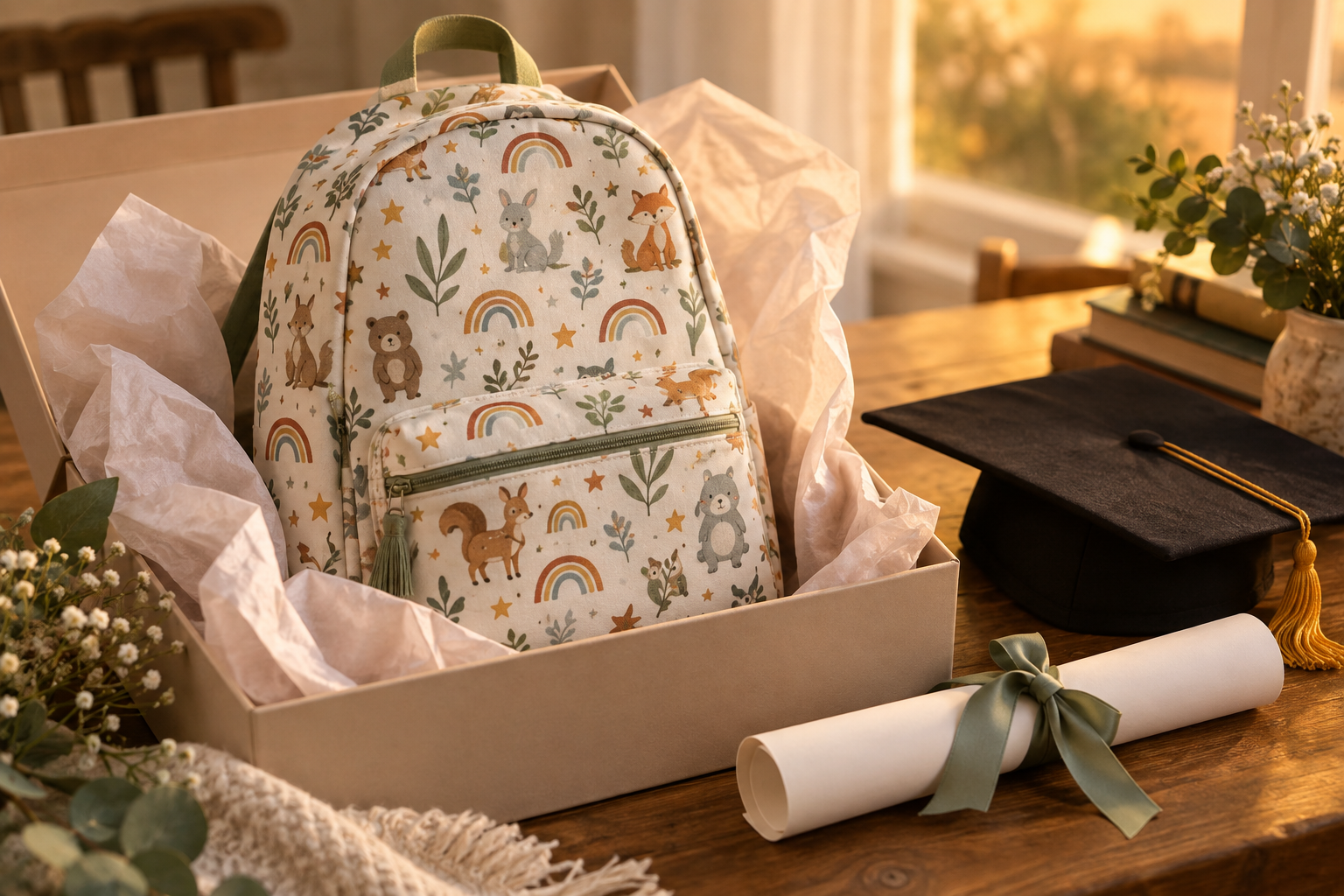 A colorful backpack with rainbows, woodland creatures, and stars is presented in a gift box beside a graduation cap and a blank rolled diploma.