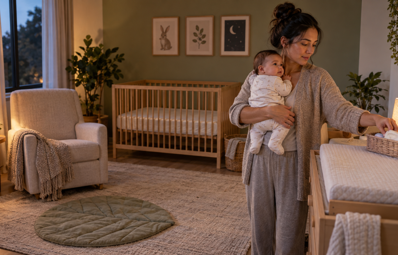 A caregiver holds an awake baby beside an organized changing station in a softly lit nursery with an empty crib, floor mat, and feeding chair.