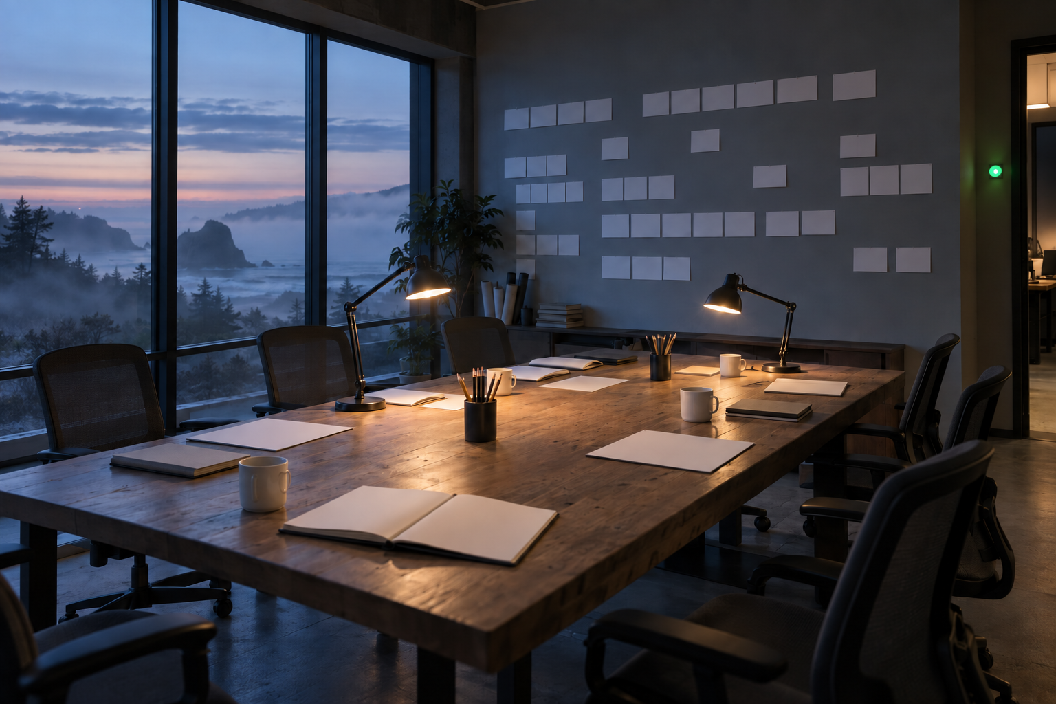 An empty writers' room with blank story cards, notebooks, coffee cups, and a green light beside windows overlooking a foggy coast.
