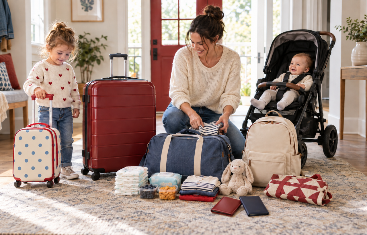 A parent organizes coordinated adult and child travel bags beside diapers, snacks, clothing, a stroller, a baby, and a toddler in a bright entryway.