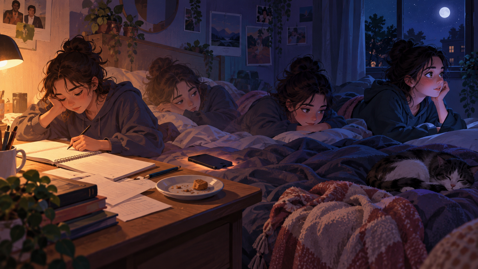 A teenager moves between an unfinished task, a phone, and bed in a circular late-night scene that suggests a repeating sleep-disruption loop.