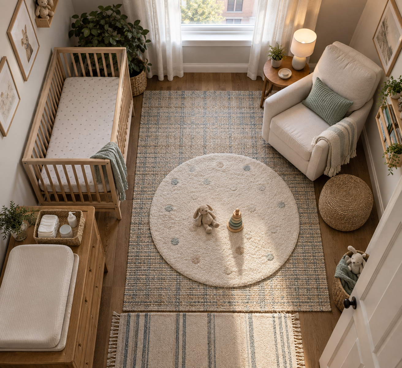 An overhead view of a small nursery organized into crib, changing, feeding, and floor-play areas with a clear path between them.