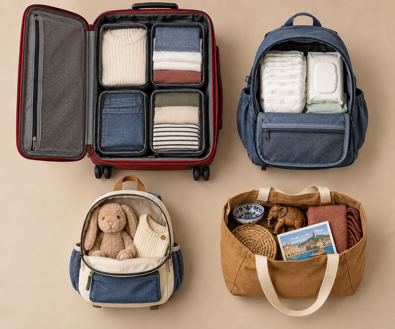 Four open travel bags are packed separately with clothing, baby-care supplies, a child's toy and sweater, and overflow items.