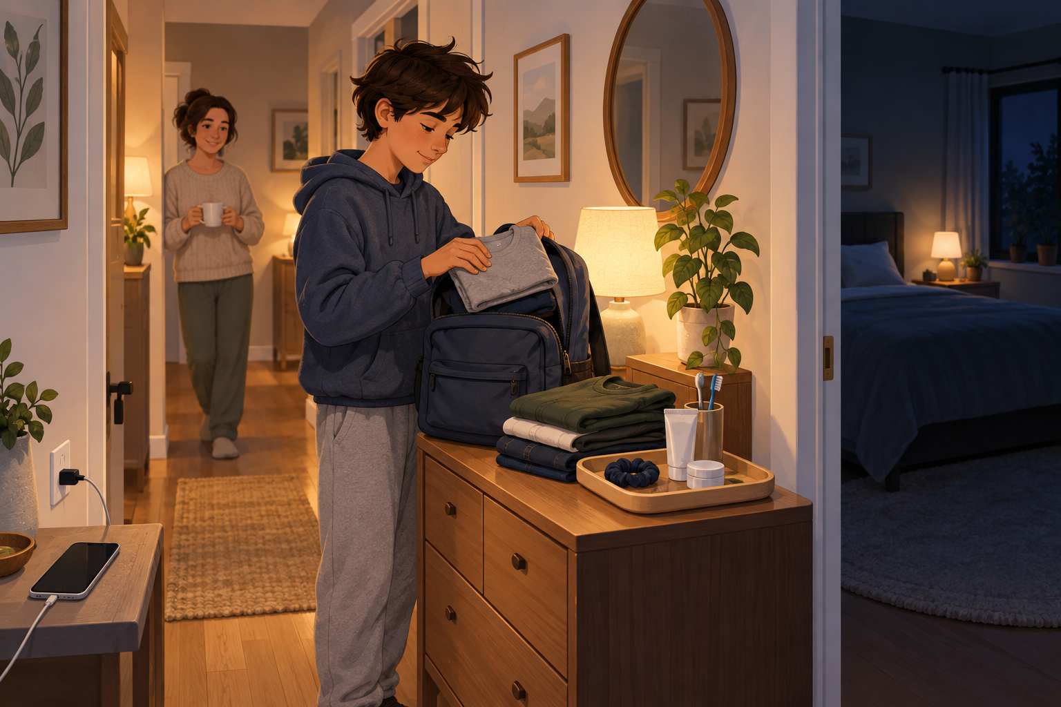 A teenager prepares for sleep with clothes, a backpack, and bedtime items arranged in consistent places while a phone charges outside the bedroom.