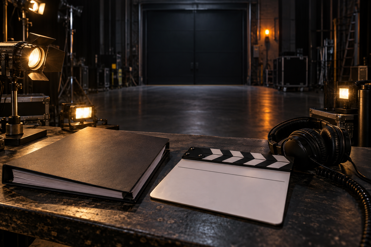 A production desk with a blank script binder, film slate, and headphones facing a dark soundstage marked by an amber standby light.