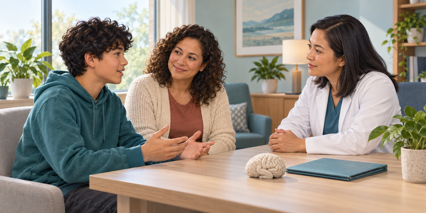A teenager and parent discuss ongoing sleep concerns with an attentive healthcare professional in a bright clinic room.