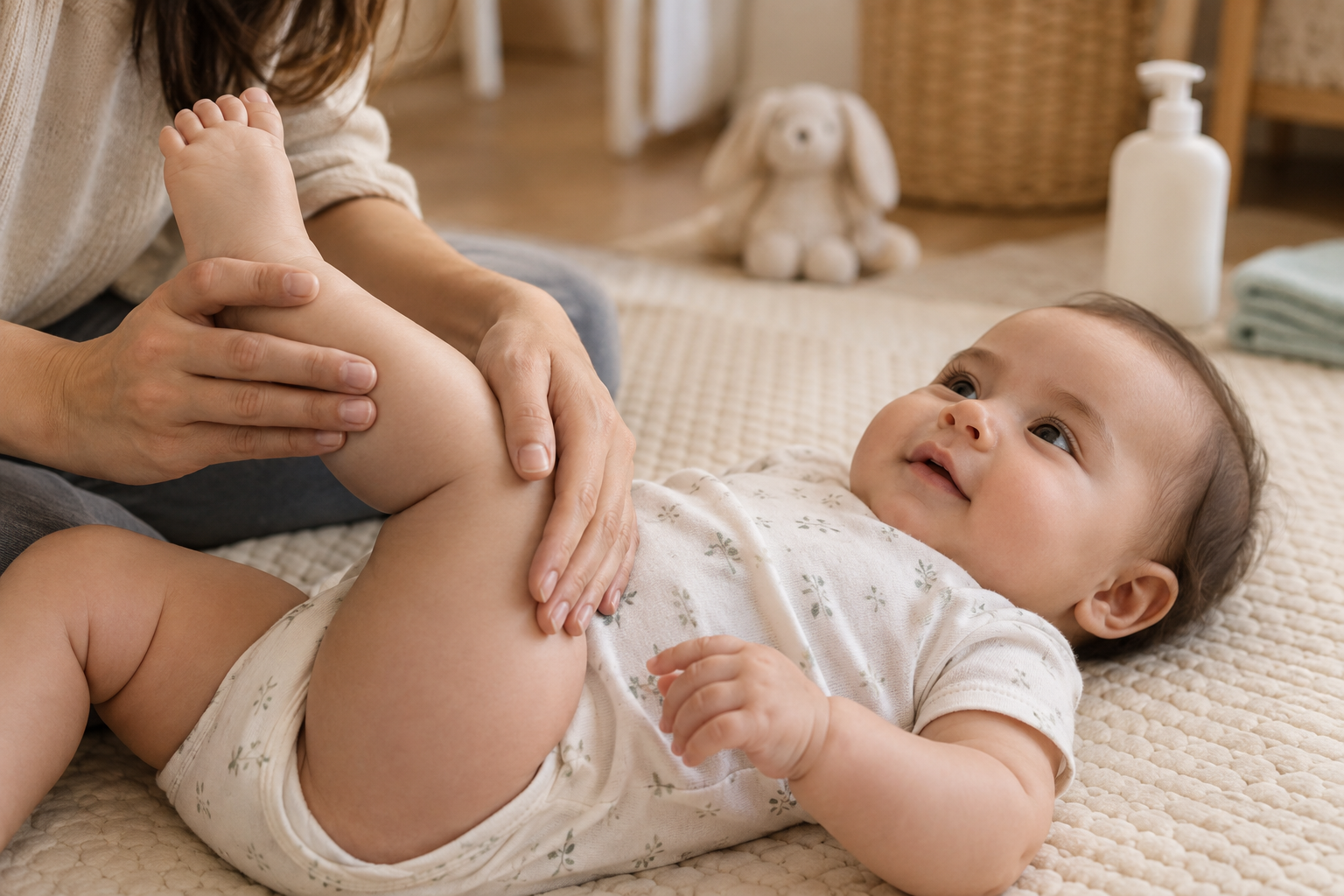 A caregiver gently strokes an awake baby's lower leg on a padded floor mat while an unmarked pump bottle sits out of focus nearby.