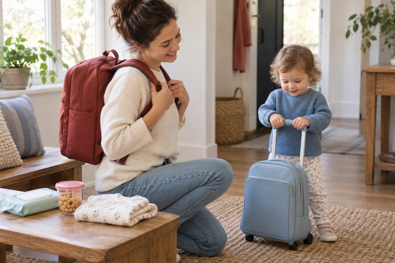 A parent adjusts an adult backpack while a toddler tests the handle and size of a small rolling travel bag.