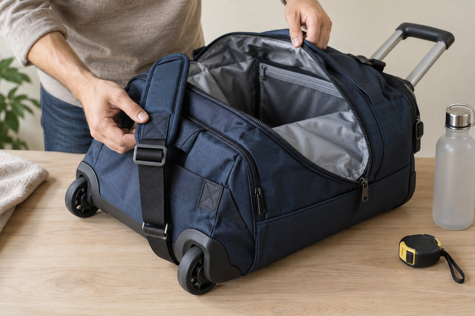 Hands inspect the zipper, strap attachment, seams, interior lining, telescoping handle, and wheels of an unbranded travel bag.