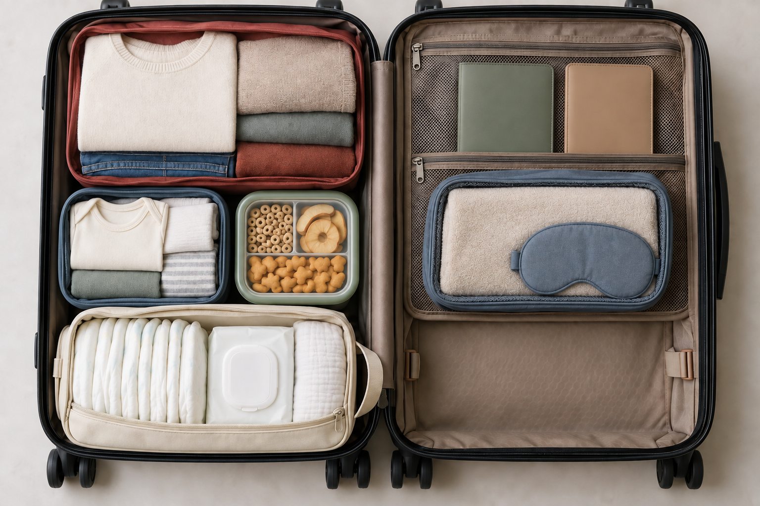 An open suitcase is divided into color-coded zones for adult clothes, baby clothes, diapers, wipes, snacks, sleep items, documents, and overflow space.