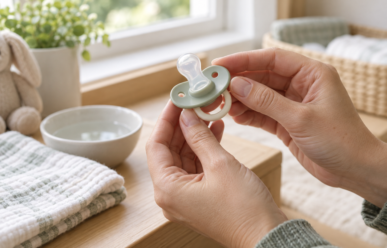 A caregiver holds a baby dummy up to the light for inspection beside a clean cloth and bowl of water.