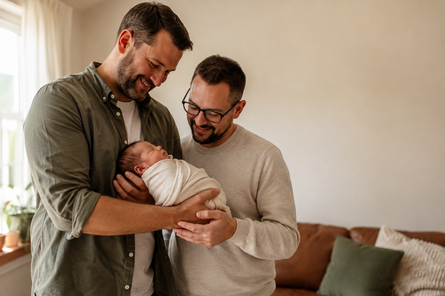 A small swaddled newborn is held securely between two adult relatives with visibly different heights and body frames.