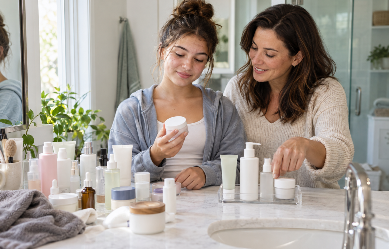 A teen and parent calmly sort unbranded skincare products together at a bright bathroom vanity.