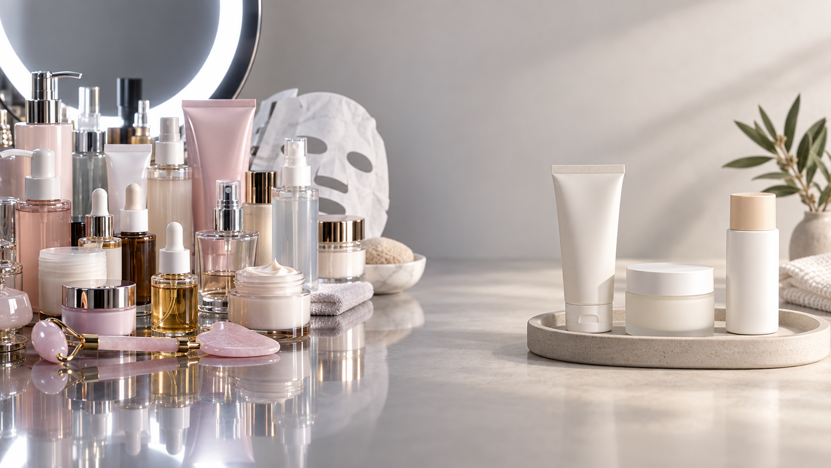 A crowded group of trendy skincare products is contrasted with three simple unbranded routine essentials.