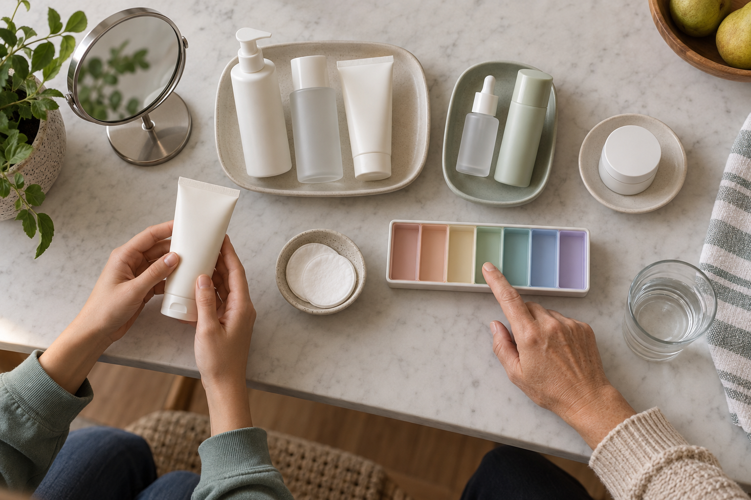 A teen and parent organize unbranded skincare products into separate groups on a table.