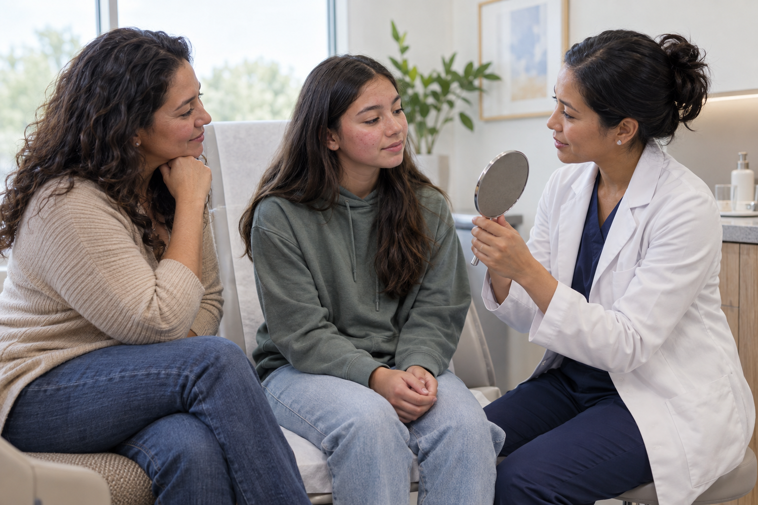 A dermatologist speaks with a teen and parent during a calm skin consultation.