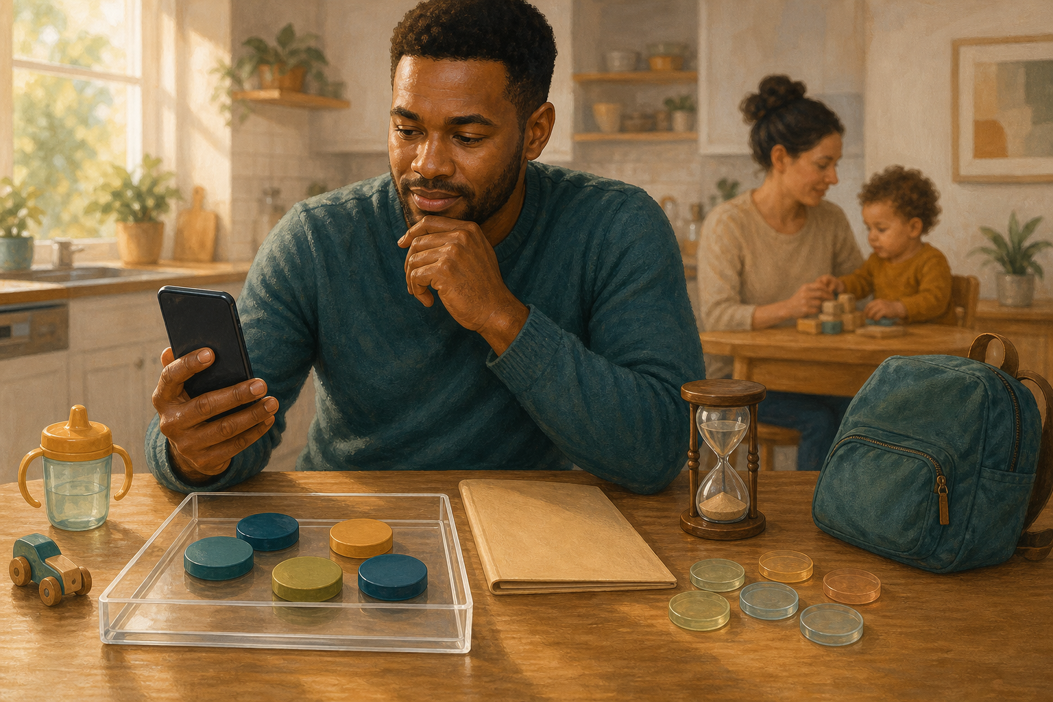A parent waits beside a phone and sealed application folder while translucent savings tokens remain outside the household budget tray.