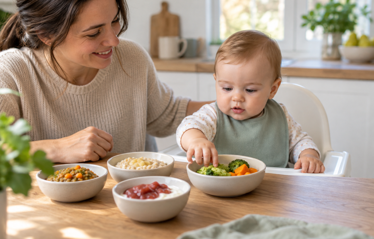A baby seated upright in a high chair explores bowls of porridge, lentil mash, yogurt with fruit, and soft vegetables while a caregiver supervises.