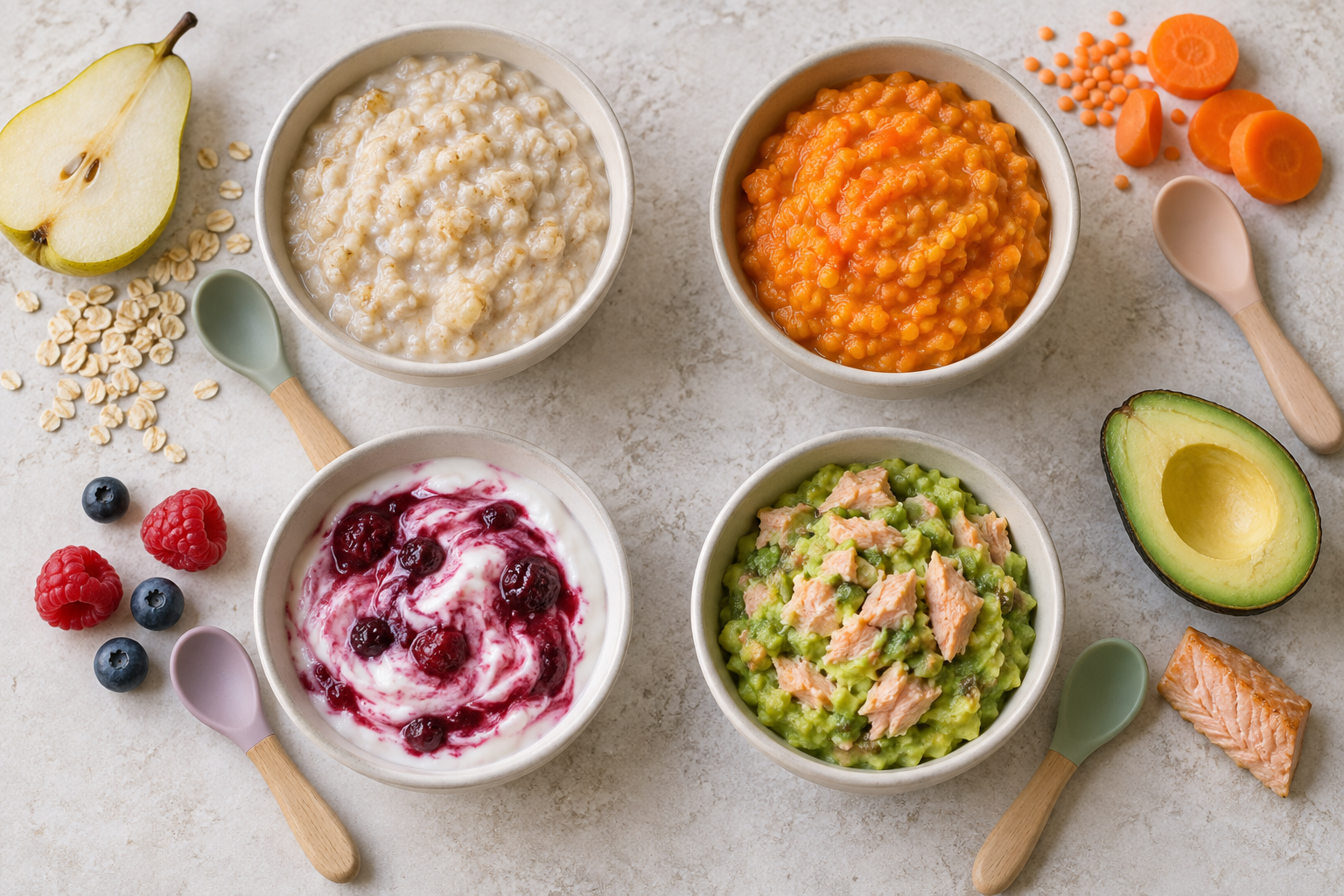Four bowls hold oat and pear porridge, lentil and carrot mash, yogurt with stewed berries, and avocado with flaked cooked salmon.