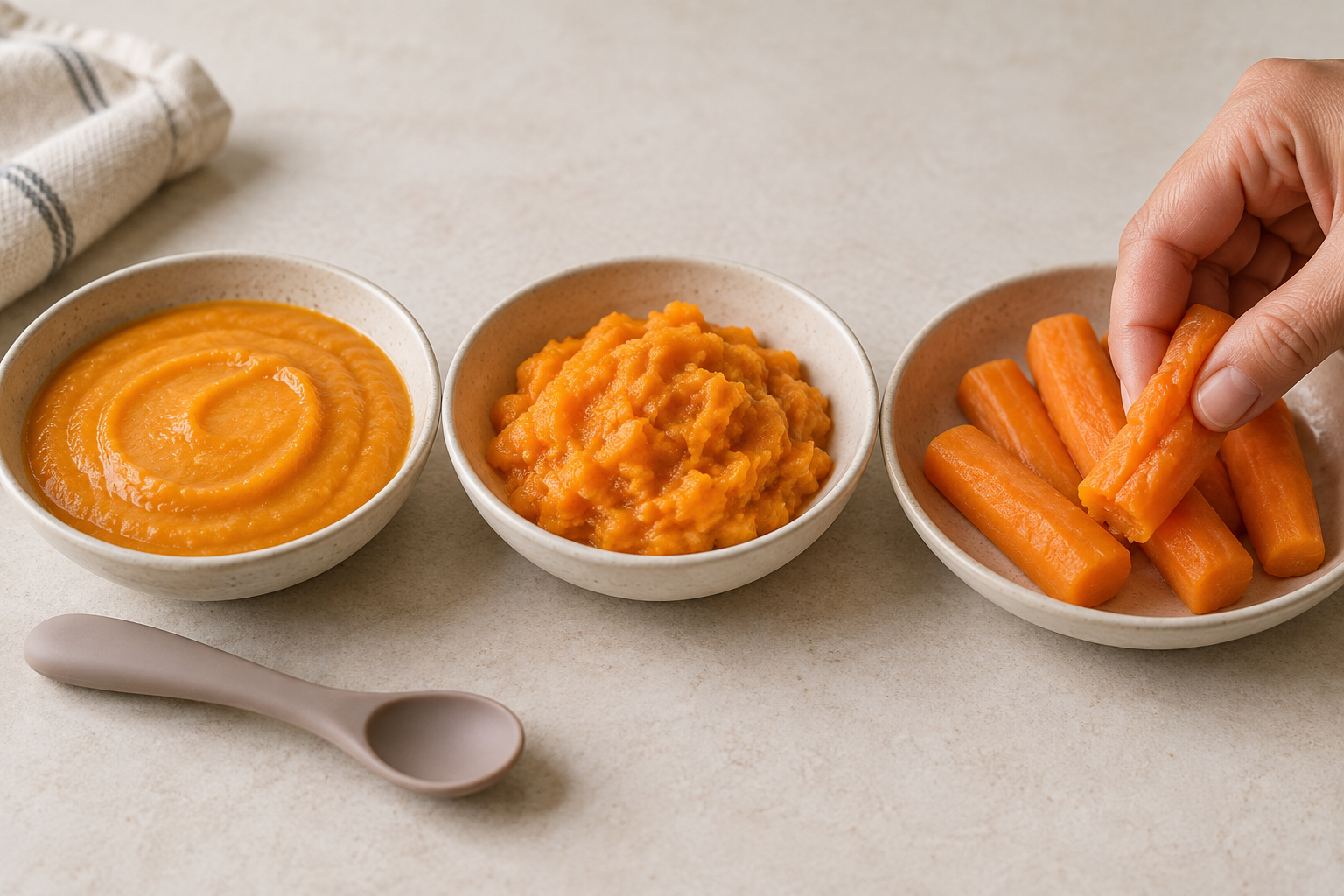 Sweet potato is shown as a smooth puree, a thicker mash with soft lumps, and squashable finger-length batons.