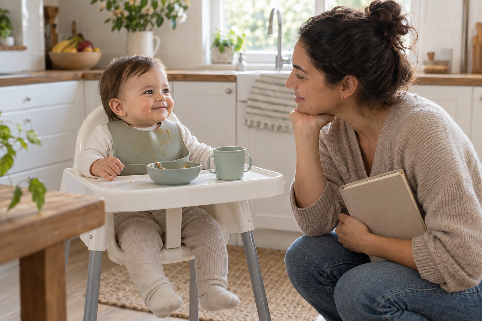 A caregiver calmly observes a relaxed baby seated upright in a high chair after a meal of soft food.
