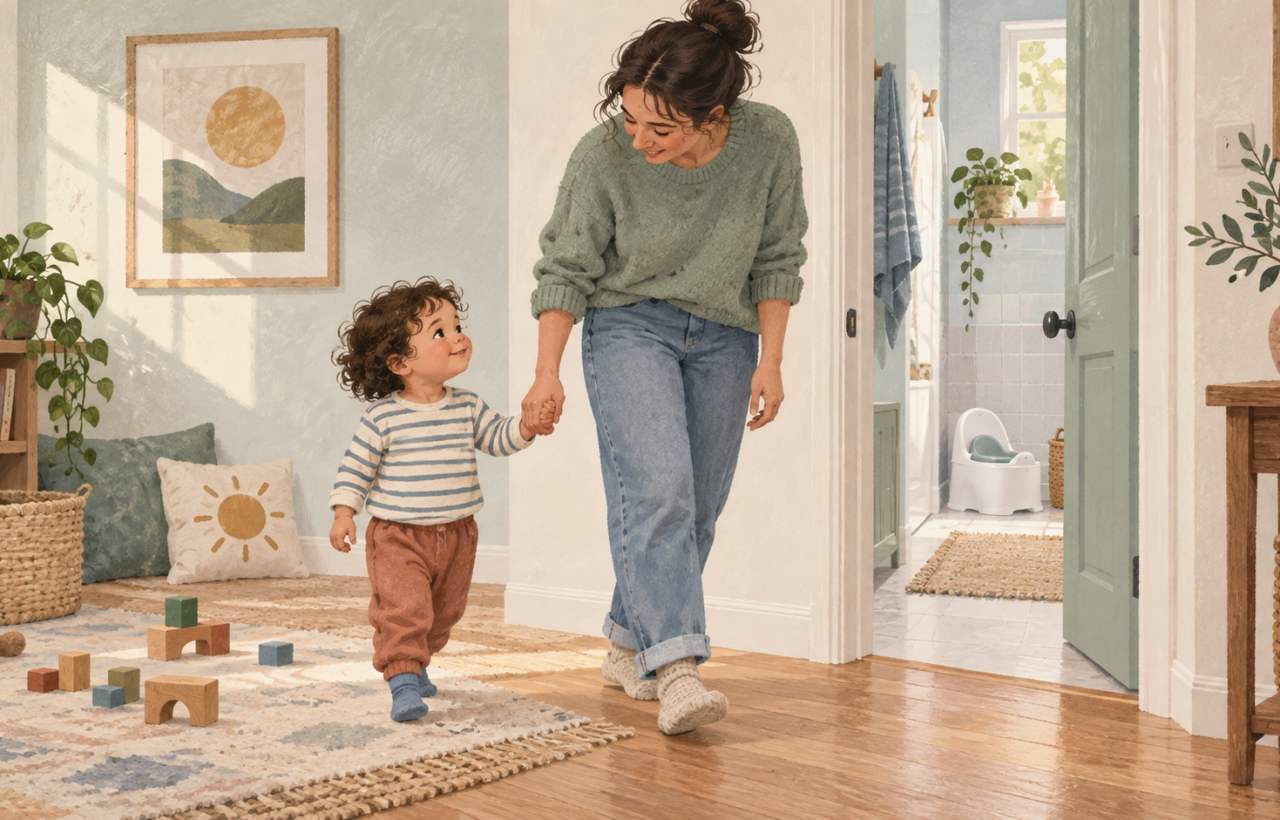 A parent calmly walks hand in hand with a toddler from a play area toward a bathroom with a small potty.
