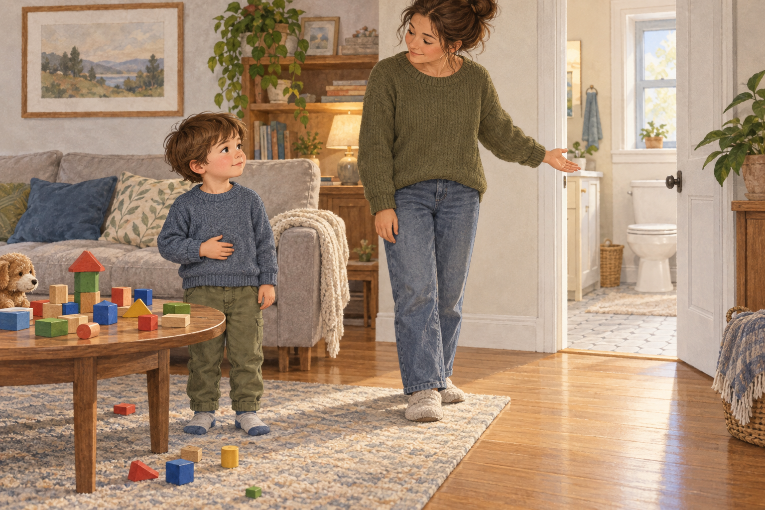 A toddler pauses during block play with a hand on their belly while a caregiver gestures toward the nearby bathroom.
