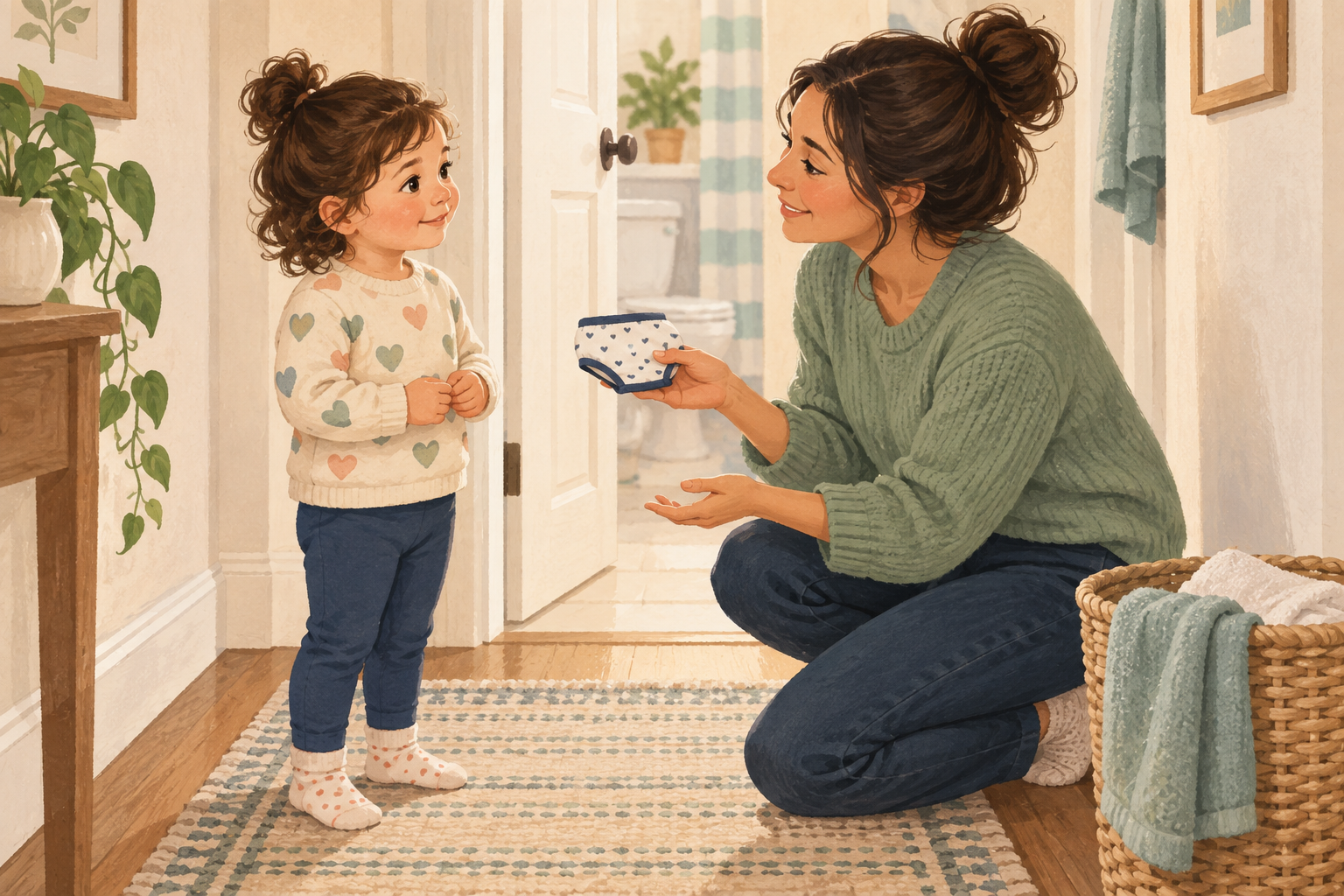 A parent kneels calmly beside a clothed toddler and offers clean underwear near the bathroom.
