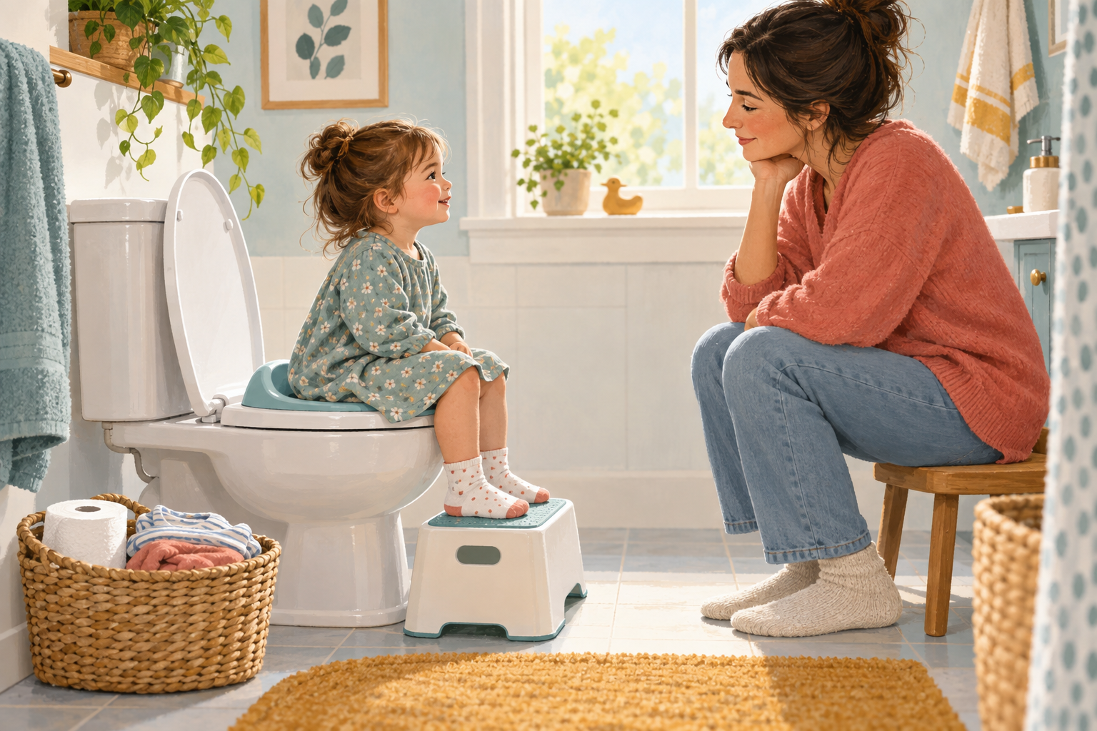 A toddler sits on a toilet reducer seat with both feet supported by a stable step stool while a caregiver waits nearby.