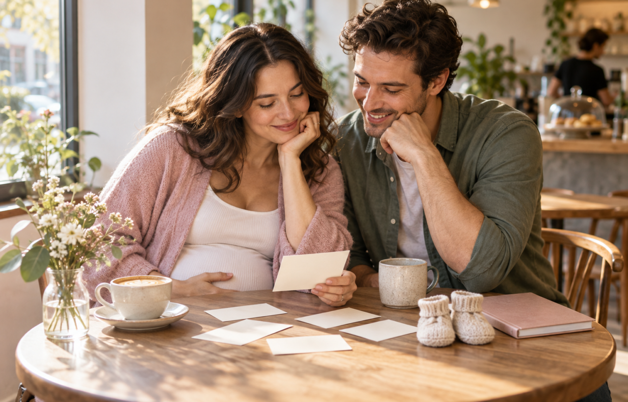 An expectant couple reviews blank name cards at a sunlit cafe table beside baby booties and a notebook.
