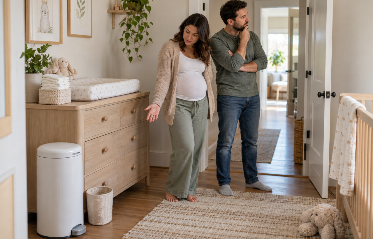 Expectant parents consider the placement of an unbranded diaper pail beside a changing dresser in a compact nursery.