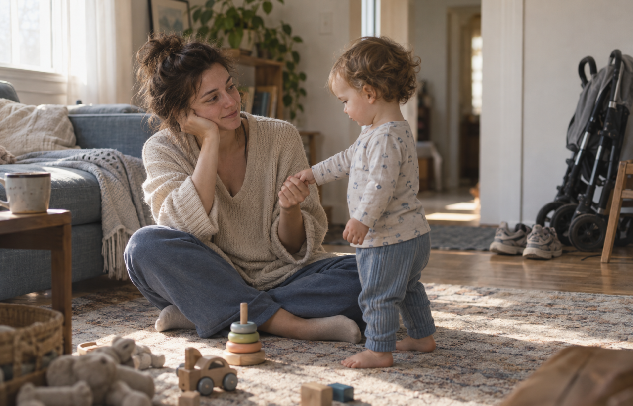 A mother sits on an apartment floor holding hands with her standing toddler in soft morning light.