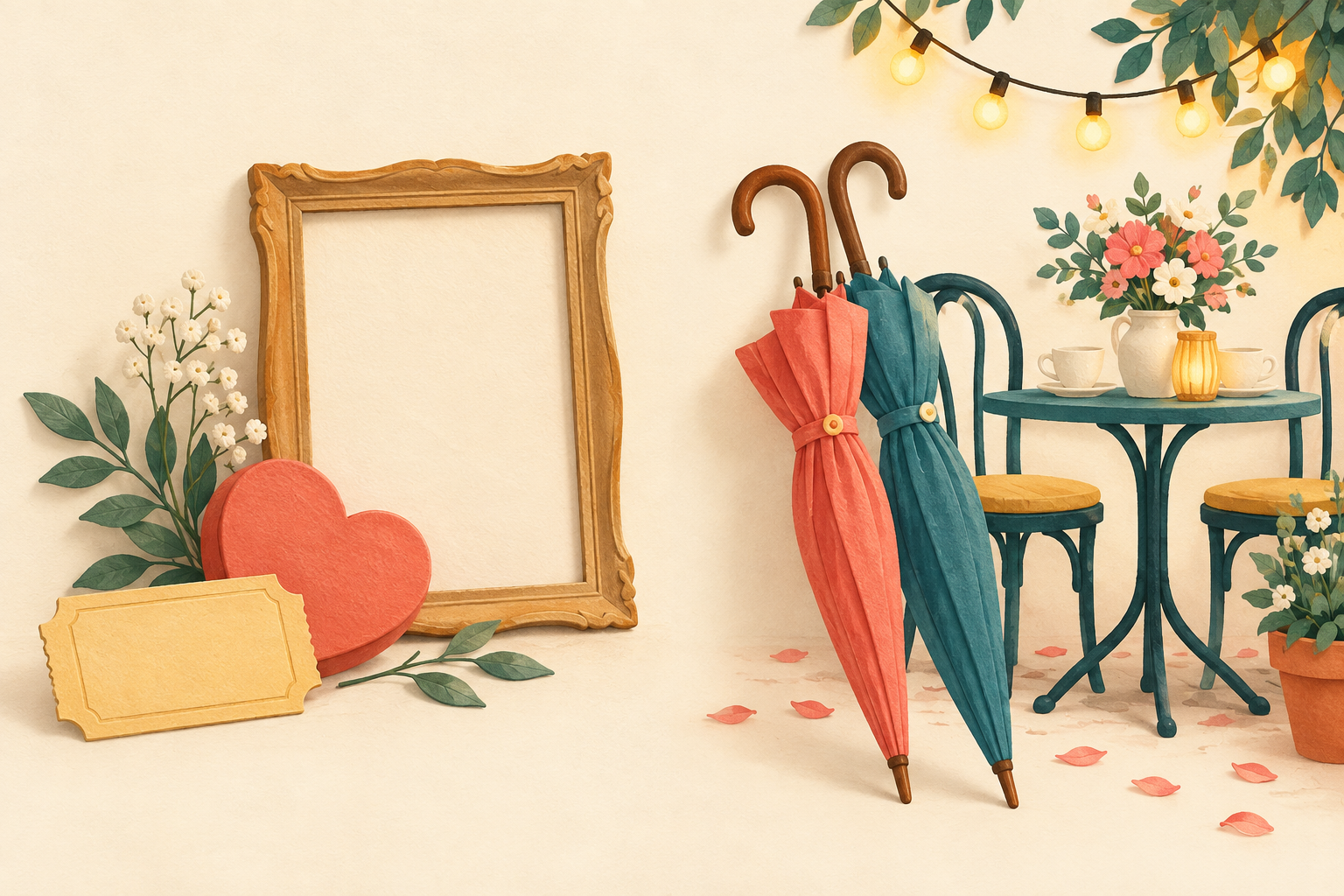A diptych pairs cinema keepsakes on one side with umbrellas, flowers and cafe lights on the other.