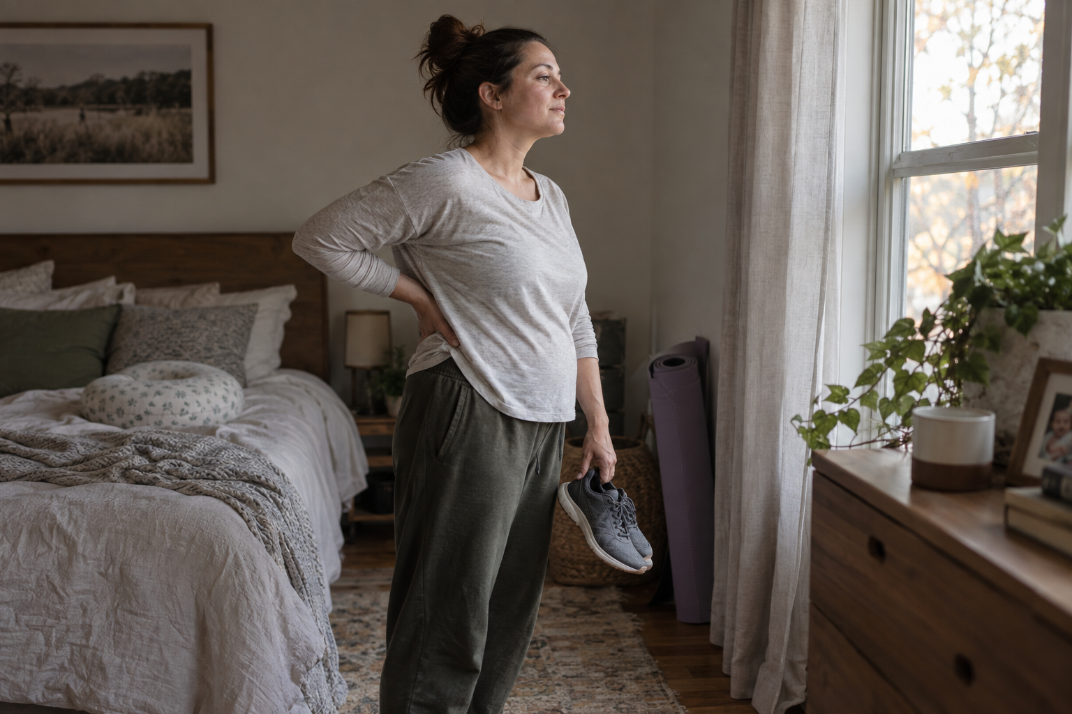 A postpartum mother stands by a bedroom window holding walking shoes after gentle exercise.