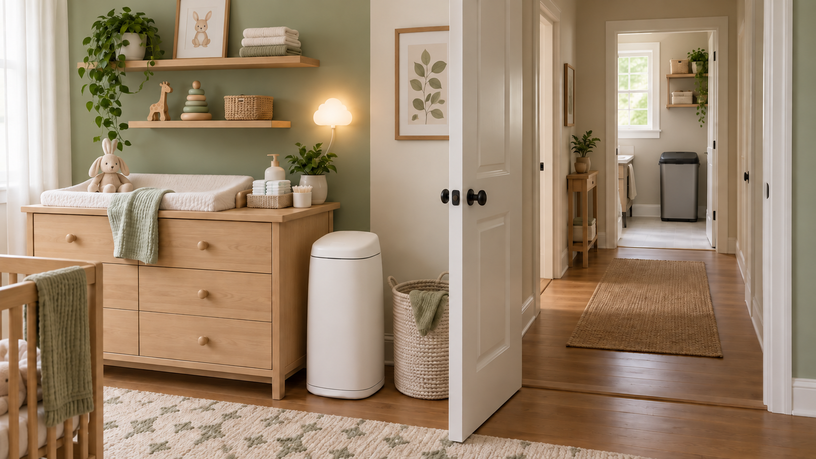 Cutaway view of a nursery, hallway, and utility area showing the route from a changing station to the home's main garbage bin.