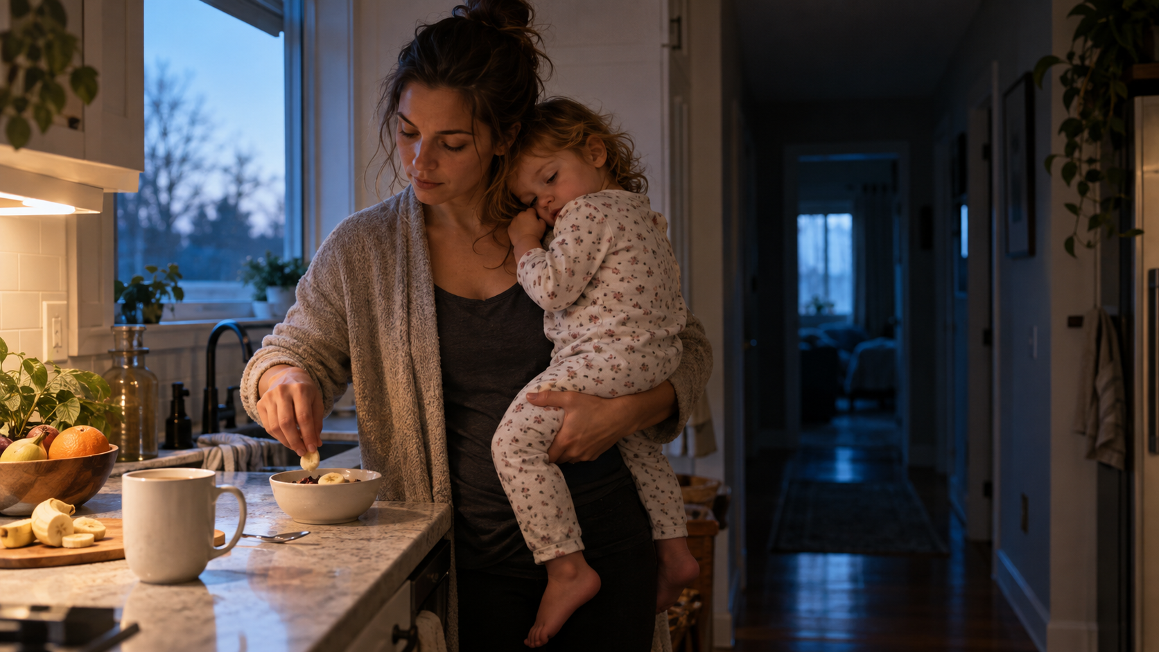 A mother carries a sleepy toddler while preparing breakfast in a kitchen before sunrise.