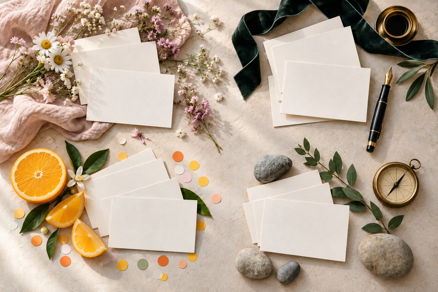 Blank cards are grouped with flowers, ribbon, citrus, confetti, a compass and stones to represent different naming moods.