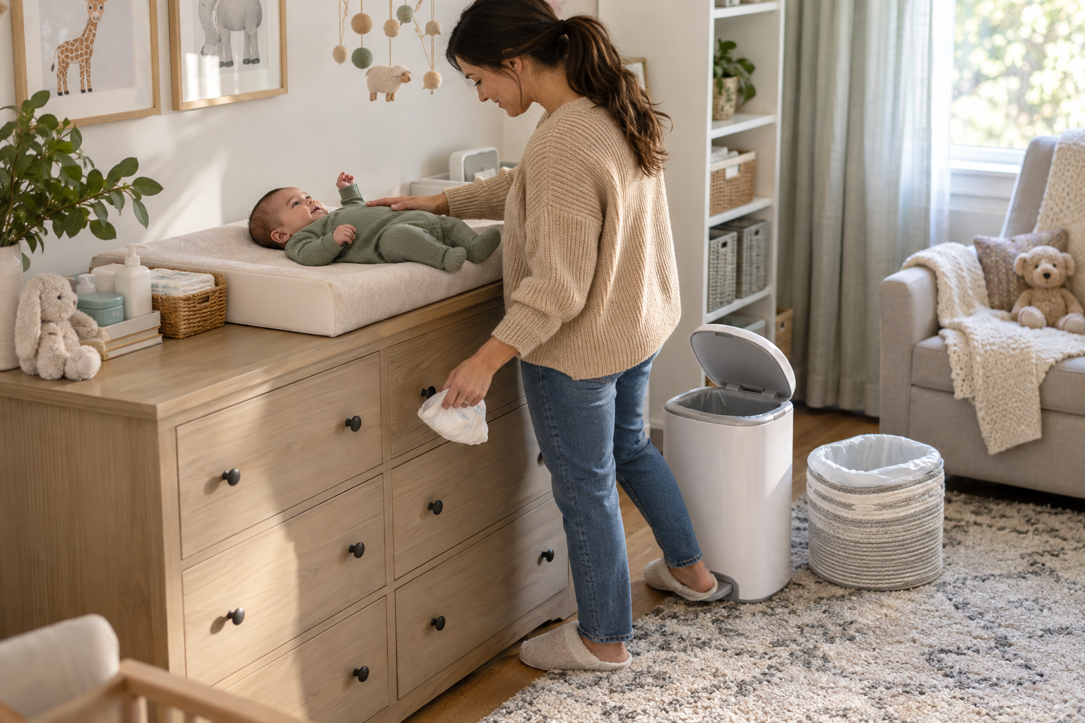 A caregiver uses a diaper pail's foot pedal while keeping one hand beside a clothed baby on a changing pad.