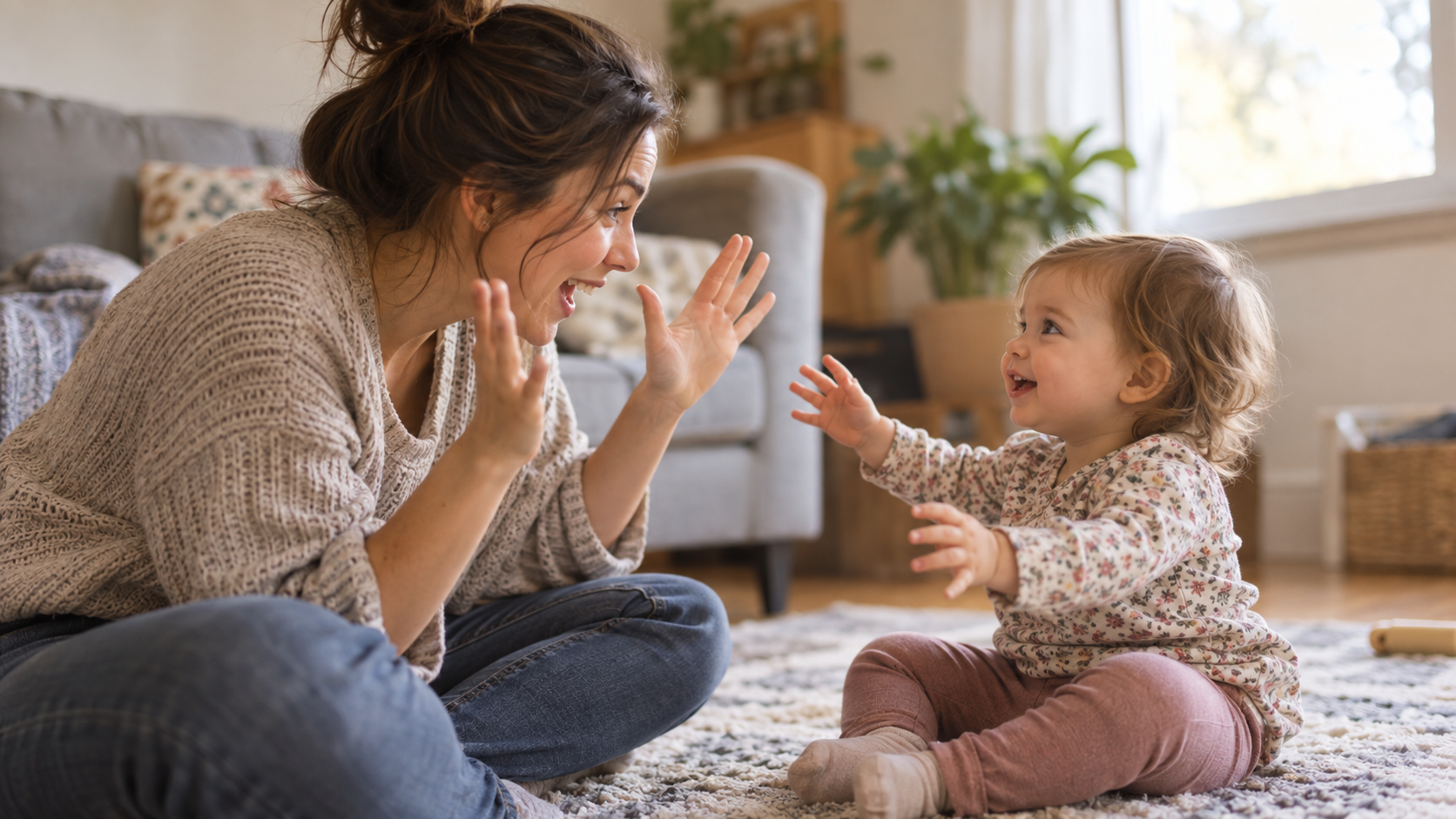 A mother and her 17-month-old toddler exchange playful gestures while sitting together on a living-room rug.