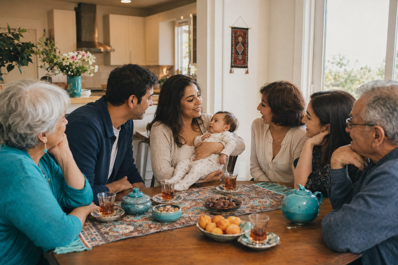 A multigenerational family and friends gathered around a kitchen table while one adult holds a baby.