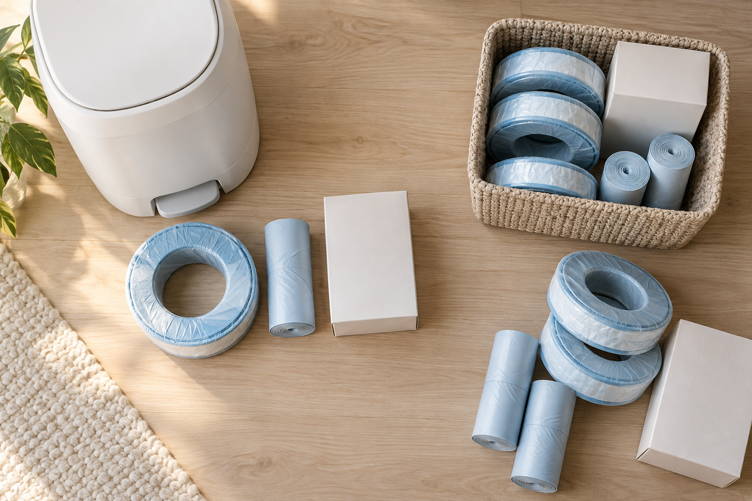 An unbranded diaper pail is arranged with several kinds of clean replacement liners and a small supply basket.