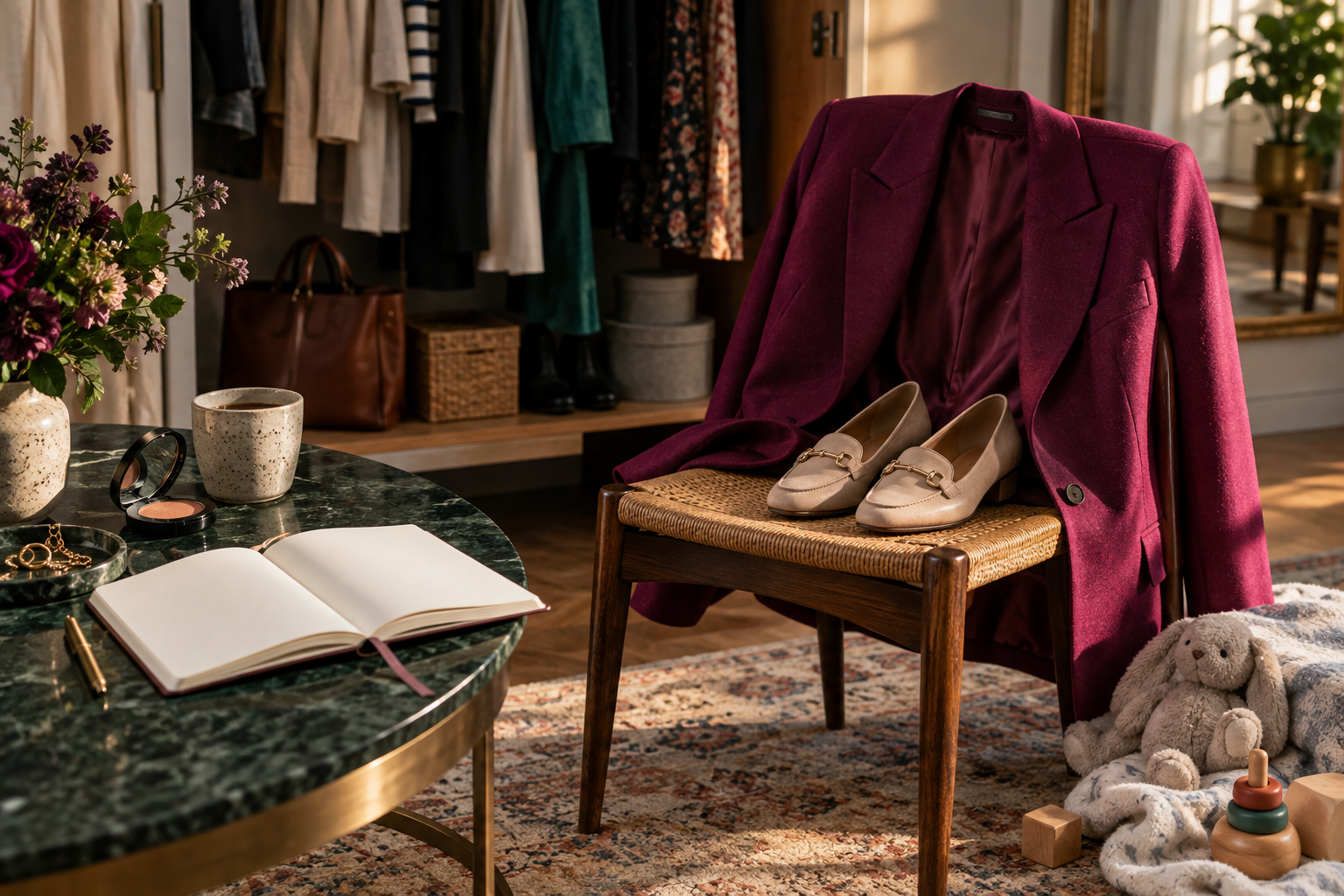 An adult jacket, shoes, makeup compact, and blank notebook sit beside a toddler toy and folded baby blanket.
