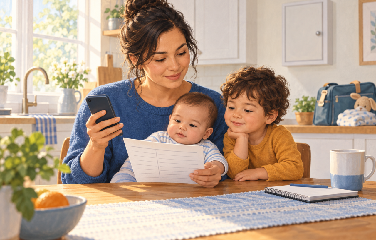 A parent with a baby and toddler reviews a vaccination record and holds a phone at a sunlit kitchen table.