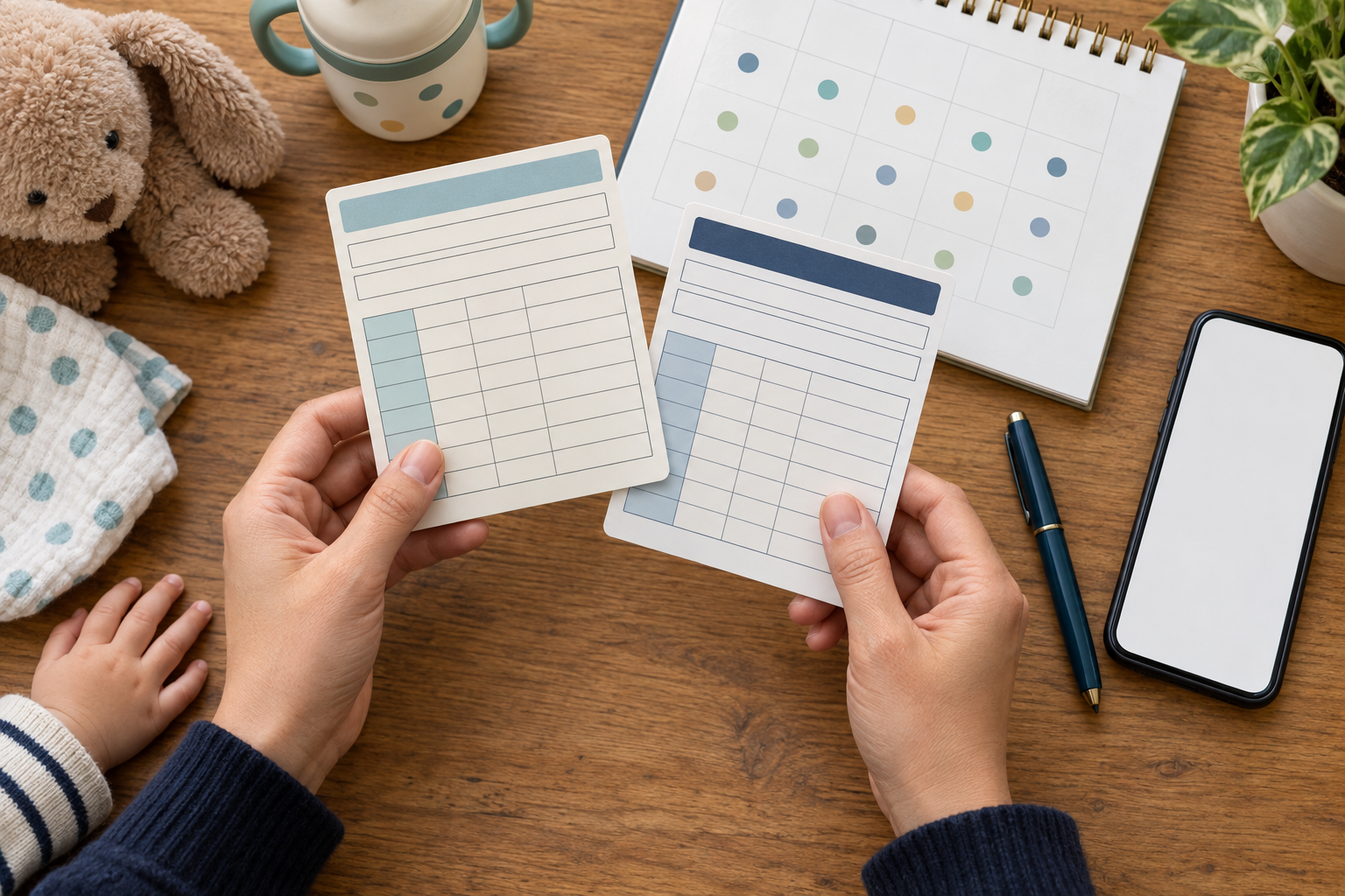 A caregiver compares blank immunization cards beside a calendar, pen, phone, and a child's hand.