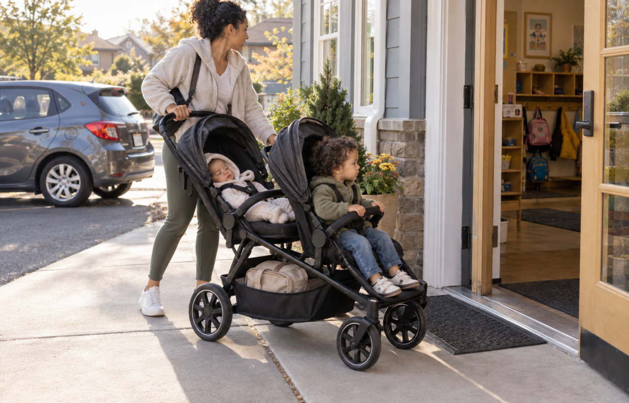 A caregiver steers an unbranded double stroller carrying two children toward an open doorway, with a diaper bag underneath and a compact car nearby.