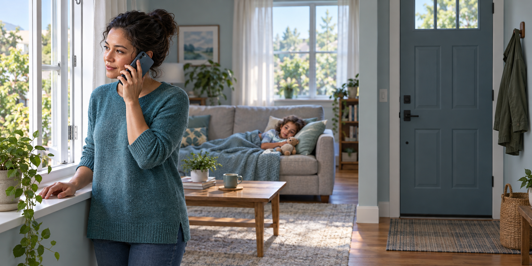 A parent calls a healthcare provider while a young child rests on a sofa at home near a closed front door.