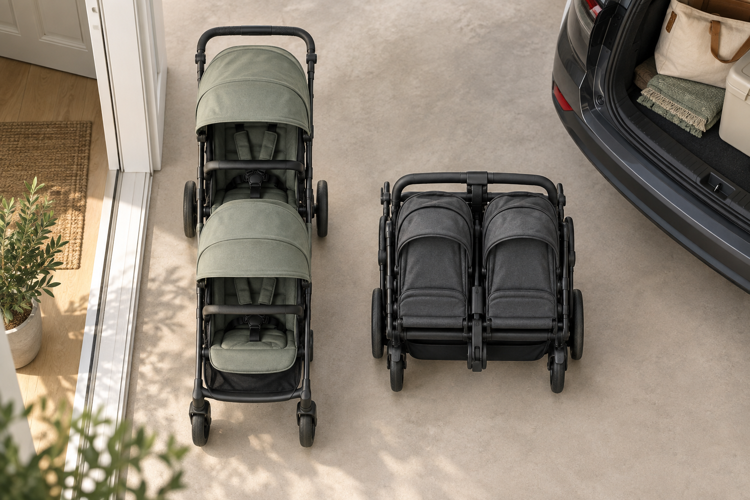 An overhead comparison shows an unbranded tandem double stroller beside a side-by-side double stroller near a doorway and an open car cargo area.