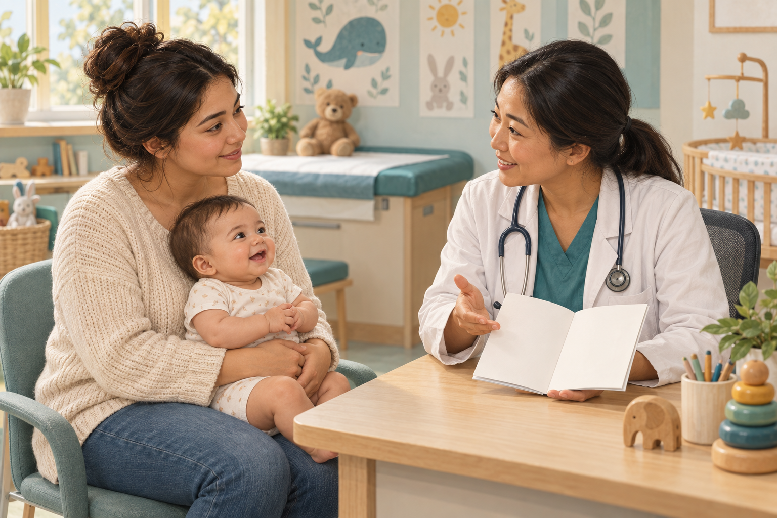 A parent holding an infant speaks with a pediatric clinician in a bright, family-friendly exam room.