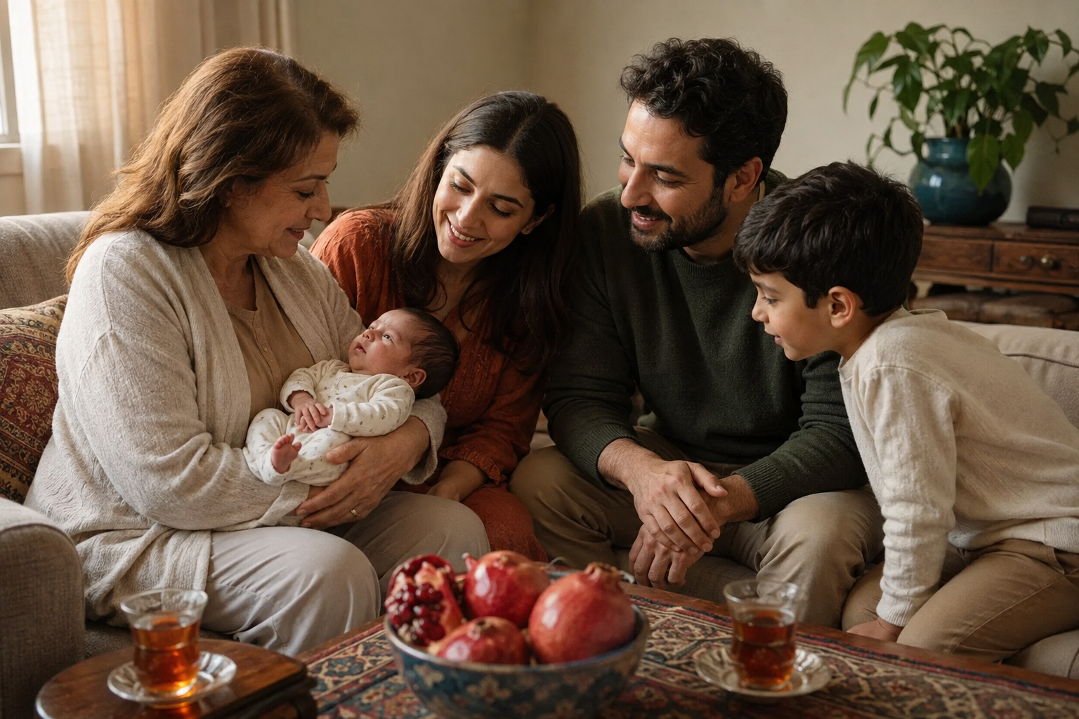 Parents, a grandparent, and a young sibling gather around a newborn in a modern living room with subtle Persian decor.